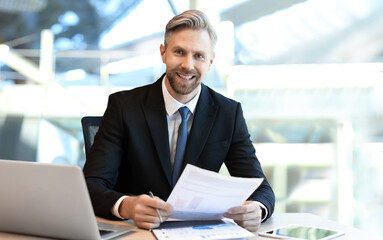 Fototapeta premium Mature businessman with beard working with documents, contracts and bills sitting at table using laptop at work in modern bright office with large windows