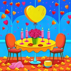 Romantic Dinner Setting with Heart Balloons Roses and Candles for Valentine s Day