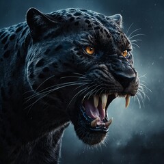 A hyper-detailed panther head gaming logo with a fierce snarl, its eyes glowing against a misty, energy-infused background.