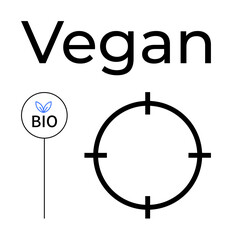 Vegan text with bio sign featuring a leaf and circular target icon. Ideal for health, eco-friendly products, marketing, sustainability, food packaging, organic products, and nature themes. Line