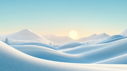 A dreamy winter scene with fluffy snow hills, sparkling under the sun. A serene snowy landscape perfect for seasonal greetings or festive designs