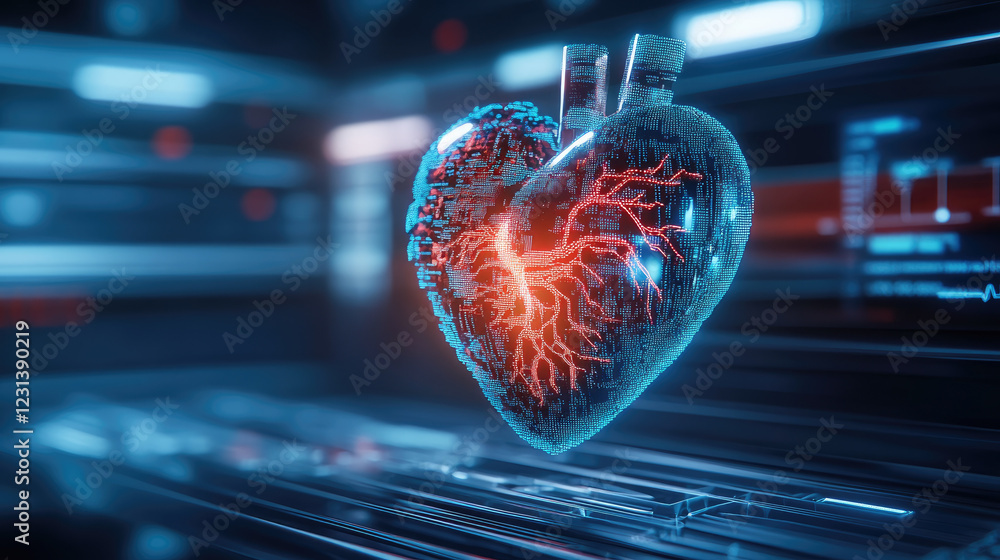 Poster creating a pixelated digital heart illustration virtual digital art futuristic environment close-up 