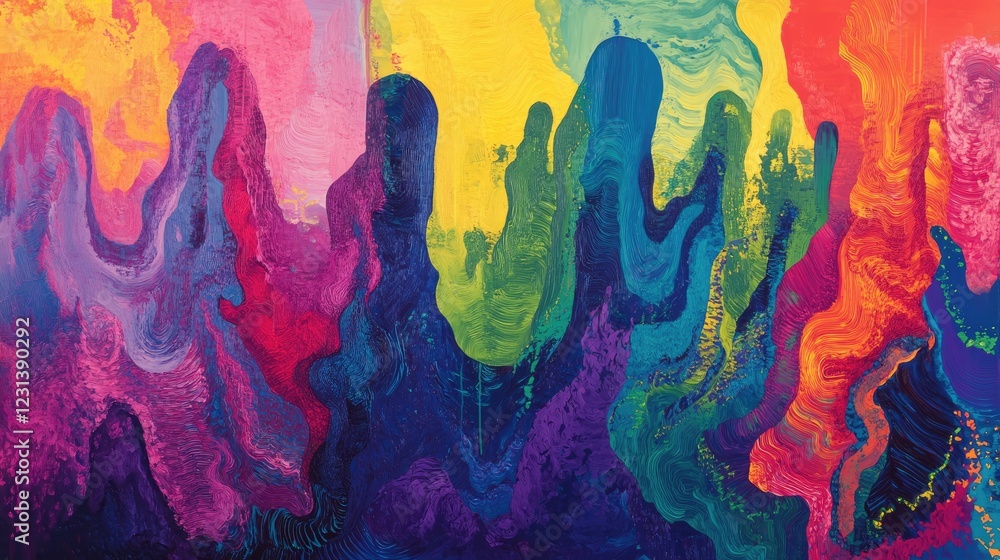 Poster A dynamic and colorful abstract landscape composed of vertical shapes, symbolizing sound waves and topographical features in bright hues