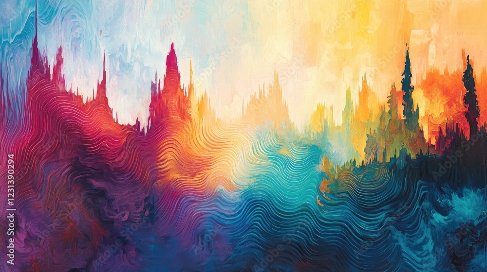 Poster a dynamic and colorful abstract landscape composed of vertical shapes, symbolizing sound waves and t