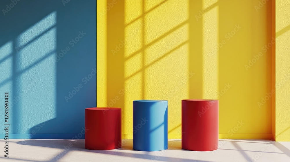Poster a dynamic and colorful display of red, blue, and yellow cylinder pedestals on a soft, neutral window