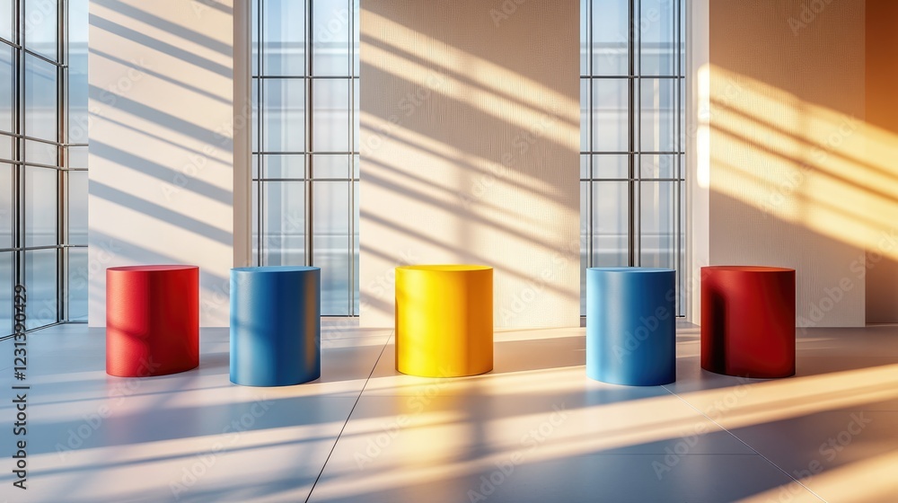 Poster a dynamic and colorful display of red, blue, and yellow cylinder pedestals on a soft, neutral window
