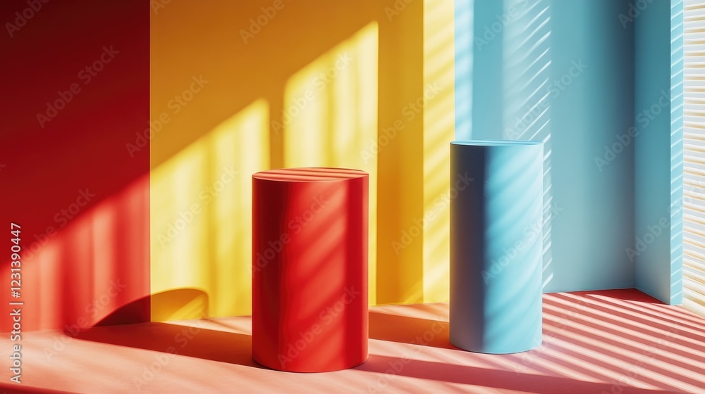 Poster a dynamic and colorful display of red, blue, and yellow cylinder pedestals on a soft, neutral window