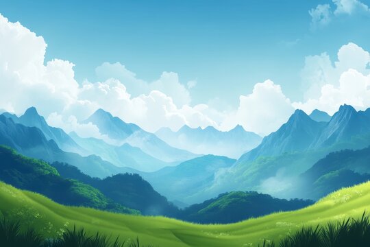 Mountain range landscape, sunny meadow, scenic view, travel poster