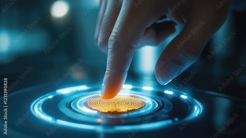 Leinwandbilder A fingerprint scan button being activated, representing secure access control and modern encryption technology for identity verification and e-signatures