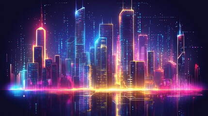 Fototapeta premium cityscape with space and neon light effect. Modern hi-tech, science, futuristic technology concept. Abstract digital high tech city design for banner background