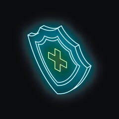 Glowing neon medical shield with cross symbolizing health protection and care in an isometric perspective