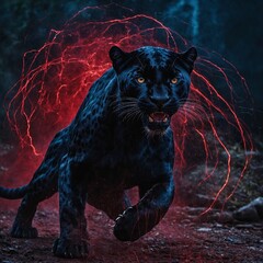 A black panther lunging forward, surrounded by streaks of energy that match the deep crimson-to-midnight blue theme.