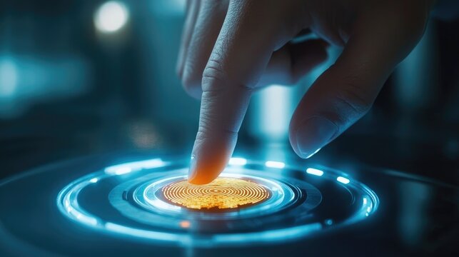 A fingerprint scan button being activated, representing secure access control and modern encryption technology for identity verification and e-signatures