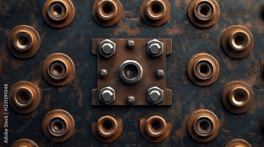 Poster a flat lay of nuts and bolts arranged to form an industrial or engineering-themed texture, ideal for