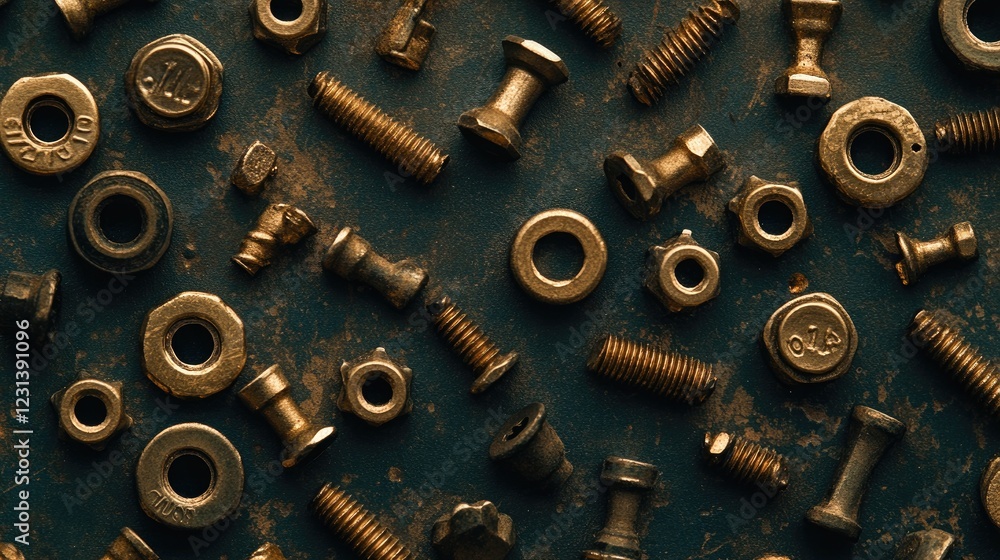 Poster a flat lay of nuts and bolts arranged to form an industrial or engineering-themed texture, ideal for