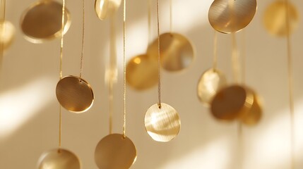 Golden Circular Discs Hanging Elegantly in Soft Natural Lighting
