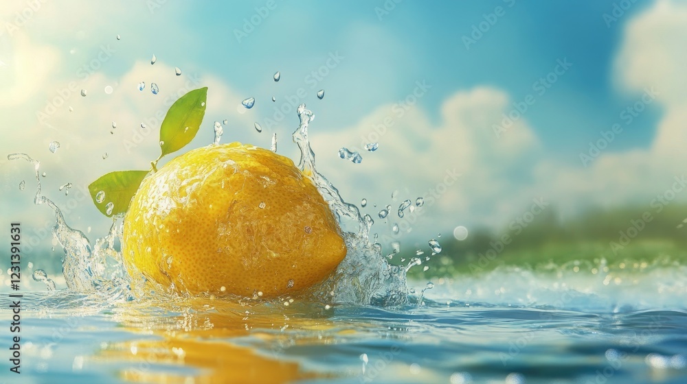 Poster A fresh lemon falling into water, creating a splash, with droplets and splashes captured in motion, evoking freshness and vitality