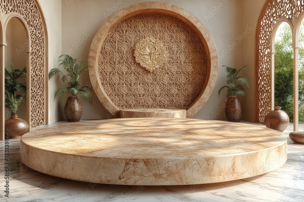 Poster large circular table with a traditional clock placed on it in a well-lit environment