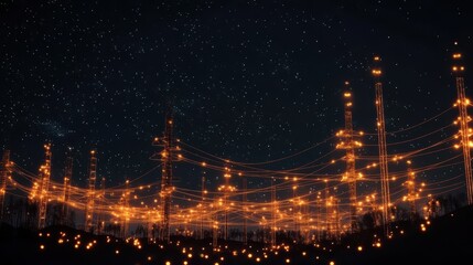 Electricity transmission towers with orange glowing wires the starry night sky. Energy infrastructure concept, energy, electricity, voltage, supply, pylon, technology