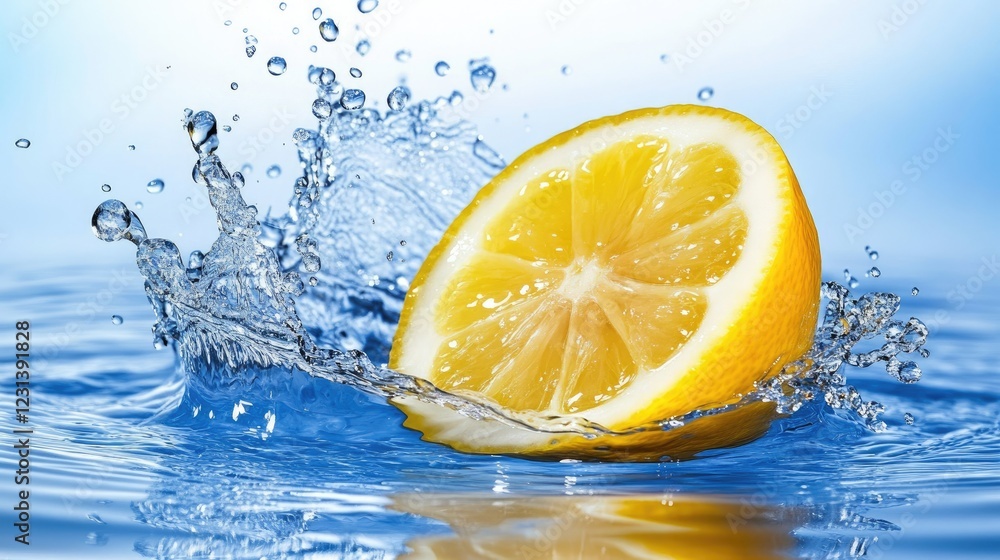 Poster A fresh lemon falling into water, creating a splash, with droplets and splashes captured in motion, evoking freshness and vitality