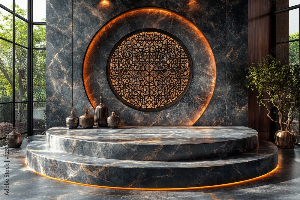 Poster large circular sculpture displayed in a bright room with a window illuminating the space