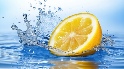 A fresh lemon falling into water, creating a splash, with droplets and splashes captured in motion, evoking freshness and vitality