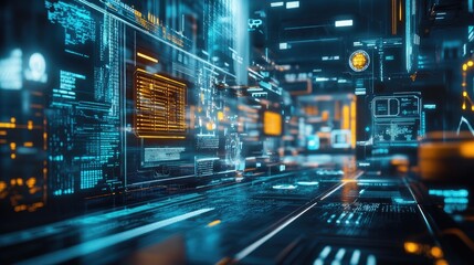 A futuristic city with robotic systems and smart technology elements, showcasing the advanced design of urban planning in a high-tech environment