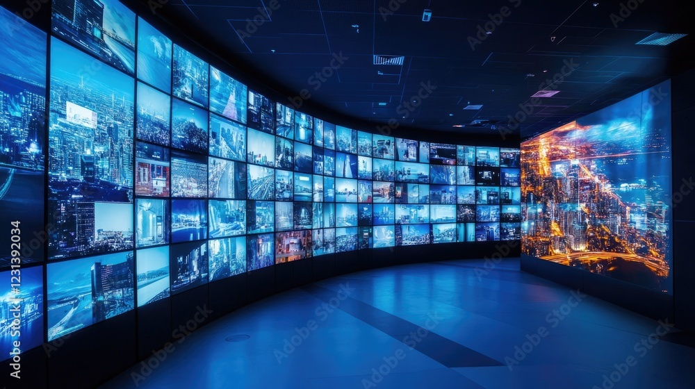 Aufkleber a futuristic multimedia wall showing high-resolution images and videos across multiple screens, perf