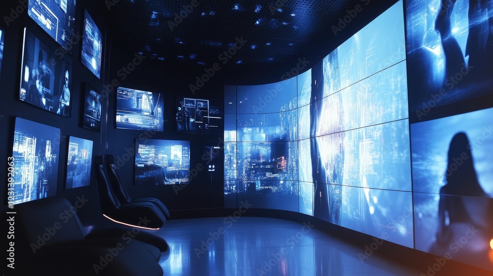 Poster A futuristic multimedia wall showing high-resolution images and videos across multiple screens, perfect for tech showcases, presentations, or digital content