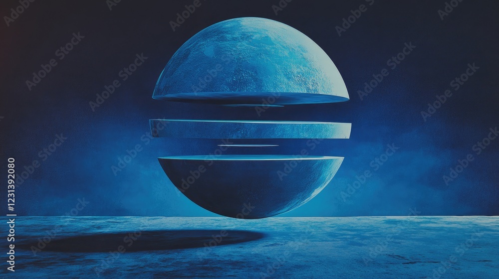 Poster a futuristic scene featuring a blue geometric sphere, sliced into layers, with each piece floating i