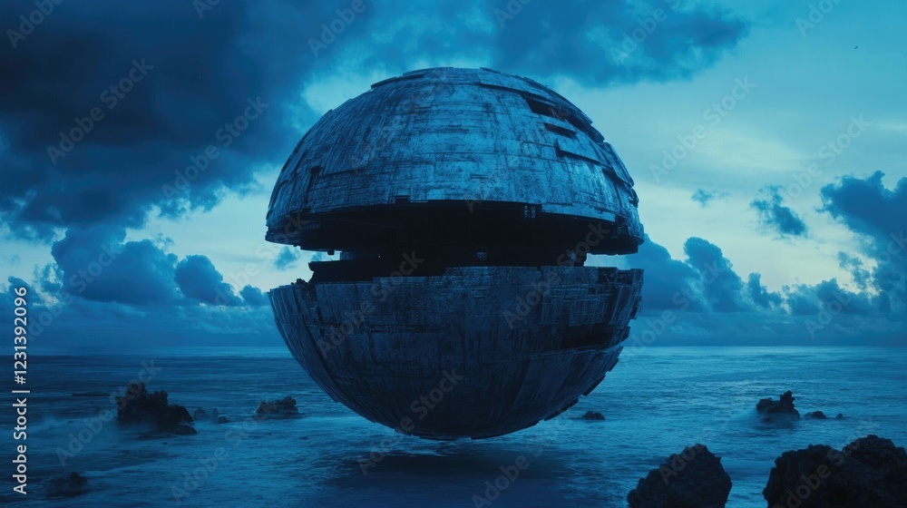 Poster a futuristic scene featuring a blue geometric sphere, sliced into layers, with each piece floating i