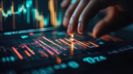Naklejka premium Hand touching a virtual financial chart, data points lighting up on contact, business technology theme 