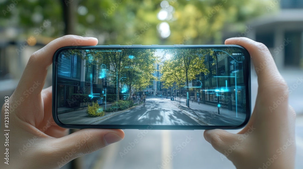 Aufkleber A futuristic smartphone display with augmented reality features blending with the real world around it, symbolizing the integration of digital and physical spaces