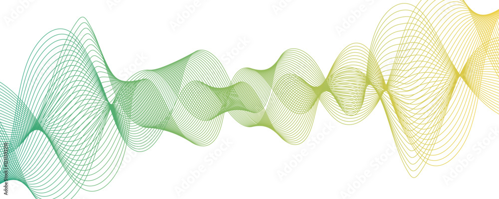 Poster Abstract Transparent wave background, green waved lines. Frequency sound wave lines and twisted curve lines. Green wave flow design element. Technology, data frequency gradient lines