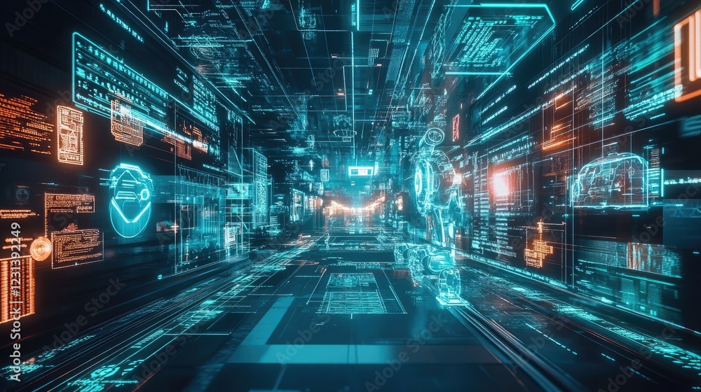 Poster a futuristic urban planning scene featuring robotic systems, smart technologies, and modern design e