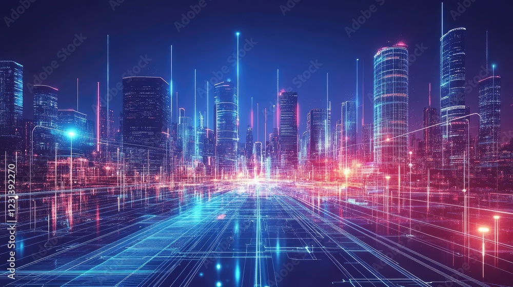 Poster a futuristic urban planning scene featuring robotic systems, smart technologies, and modern design e