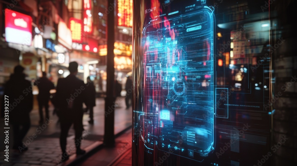 Aufkleber A futuristic smartphone display with augmented reality features blending with the real world around it, symbolizing the integration of digital and physical spaces
