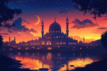 Sunset view of a mosque silhouette with a crescent moon in the evening sky