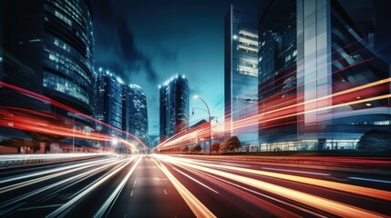 Fototapeta premium Light trails on the modern building background. Light trails at night in urban environment, Abstract Motion Blur City, traffic, transportation, street, road, speed