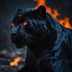 A shadowy black panther with a fiery aura, blending power and mystery in a captivating gaming design.