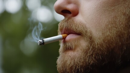 A close-up of a man’s lips with a cigarette, smoke curling gently, invoking a mood of contemplation and habit.