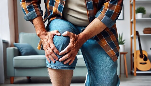 Knee joint pain of a man. Concept of osteoarthritis, rheumatoid arthritis or ligament injury
