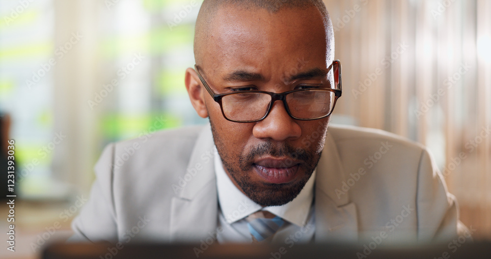 Aufkleber face, finance and laptop with business black man at desk in coworking space for online accounting. c