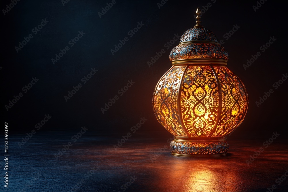 Poster large decorative lamp with intricate design placed on a dark surface in a dimly lit environment