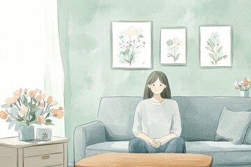 Woman sitting on sofa in calm, pastel living room.