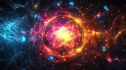 Obraz premium Energy sphere glows, cosmic background, digital art, futuristic design