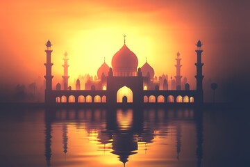 Majestic Mosque Silhouette at Sunset Over Water