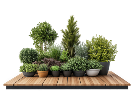rooftop garden featuring various potted plants on wooden deck creates serene and inviting atmosphere. lush greenery adds touch of nature to urban living