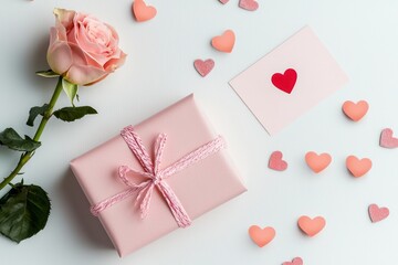 Soft and simple flat lay of a pink-wrapped gift, heart confetti, a Valentines card, and a single rose, all set on a clean white backdrop.