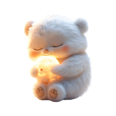 Fluffy 3D Cartoon Character Hugging a Glowing Soft Toy Isolated on Transparent Background